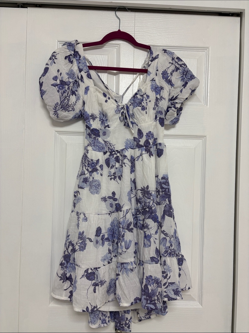 Floral Puff-Sleeve Summer Dress - White with Blue Floral
